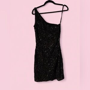 Primavera Couture Black One Shoulder Sequin Mini Dress Size 6